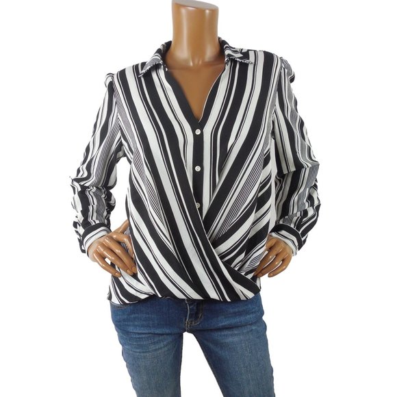 dressbarn Tops - DRESSBARN Top M Black/White Striped Blouse NWT Hi/Low Stretch Roll Tab Long Slvs